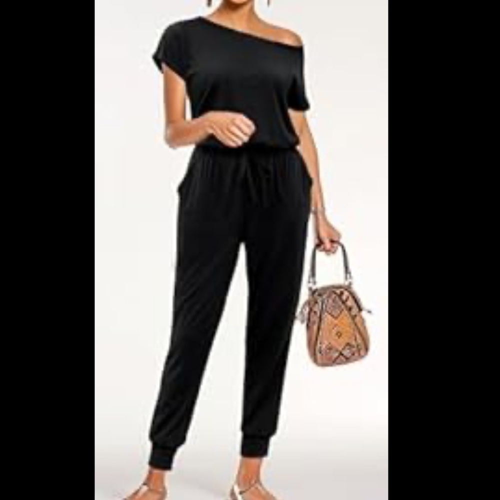 Black knit joggers on or off shoulder cap sleeve romper S travel fit so cute
